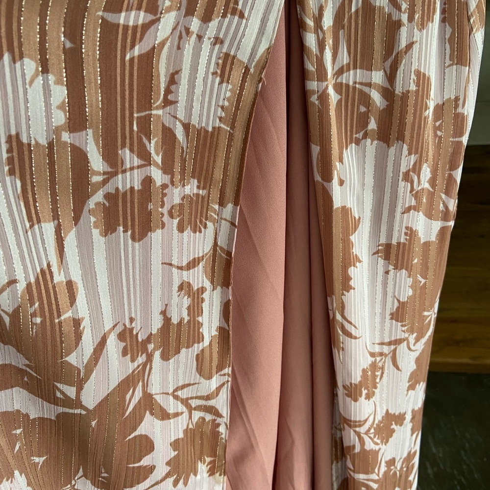 Lulus Floral Ruffle Full Length Spring Dress In Soft Pink and Brown Size S - Picture 6 of 10